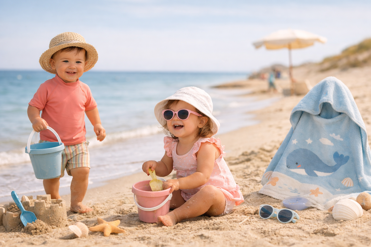 Kinder spielen am Strand mit Badebekleidung, Sonnenbrille und Badehandtuch – Sommer mit Baby