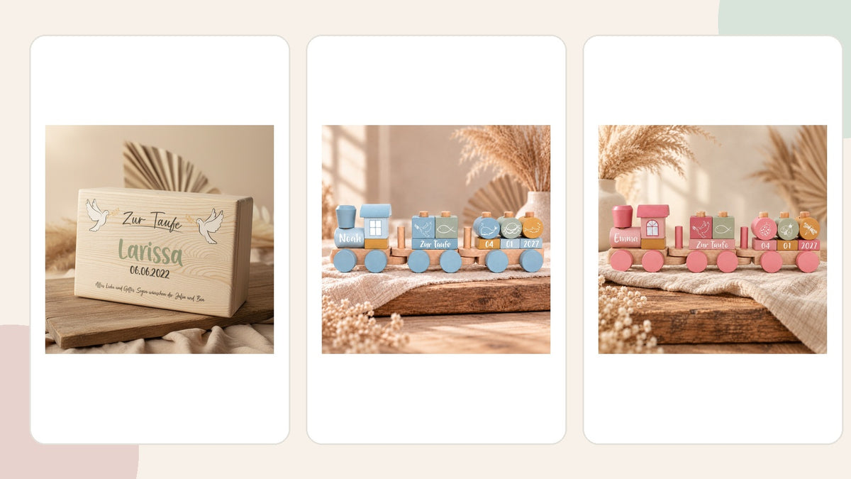 Personalisierte Erinnerungsbox und zwei Holzzüge in Blau und Rosa als Taufgeschenke für Zwillinge