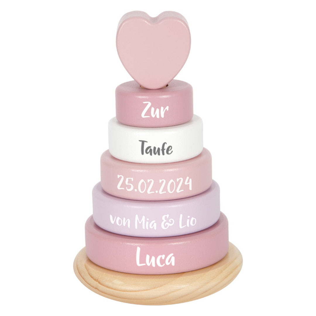 Tour d'empilage personnalisée pour baptême avec nom et date de baptême | Rose avec cœur