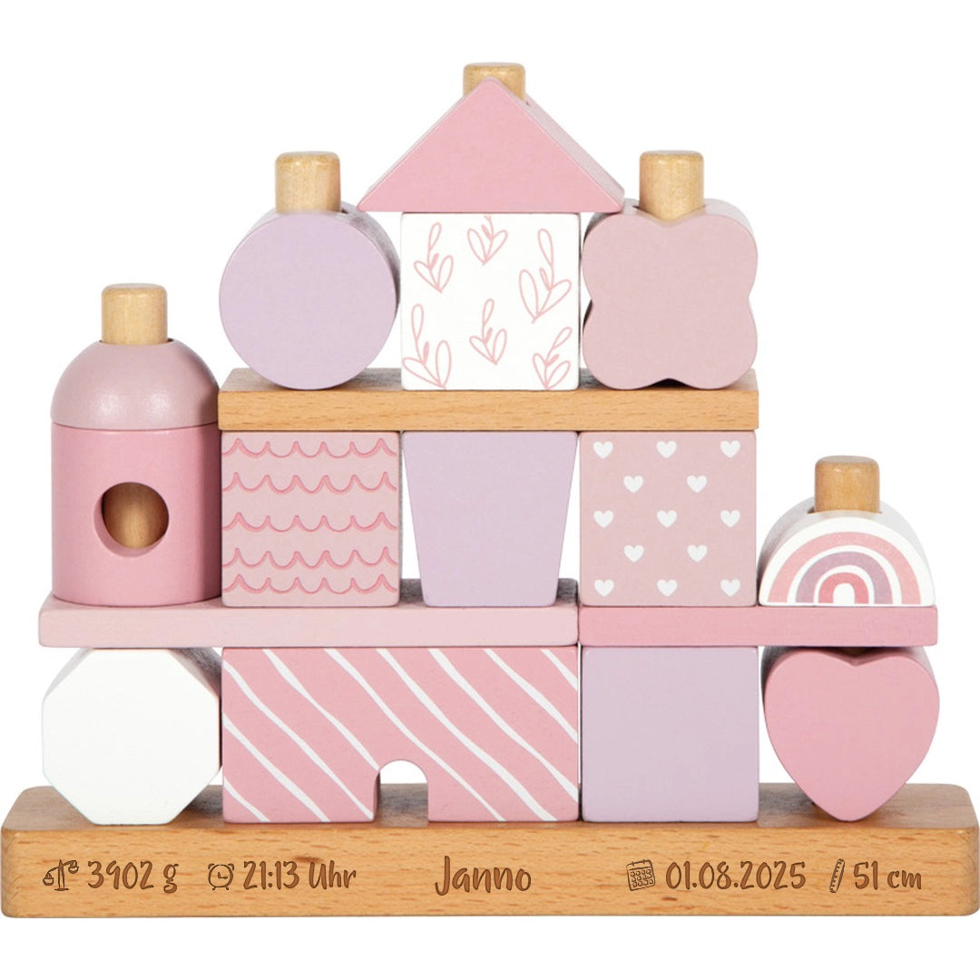 Personalisiertes rosa Holz-Stapelhaus zur Geburt mit Name – gelaserte Frontalansicht