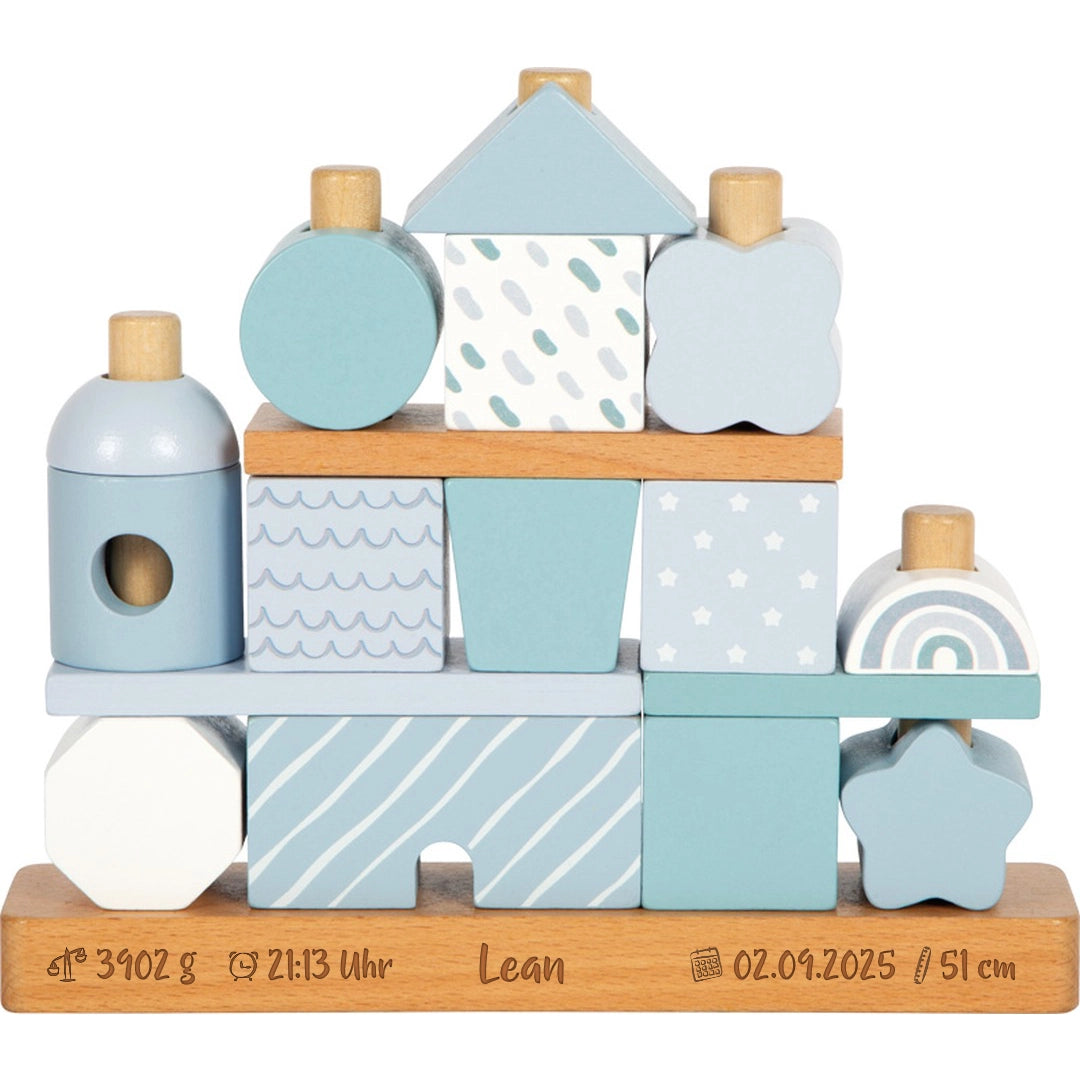 Personalisiertes small foot Stapelhaus Blau mit Lasergravur zur Geburt