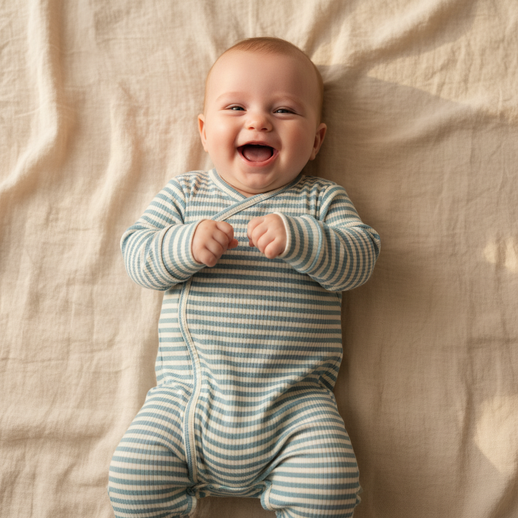 Baby-Spieler Stone Blue Stripe in Blau mit Forest-Friends-Motiv – Produktansicht