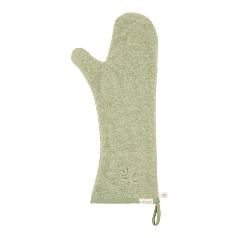 Langer Waschhandschuh Blueberry Leaves in Sage aus Bio-Baumwoll-Frottee, 42 × 14 cm