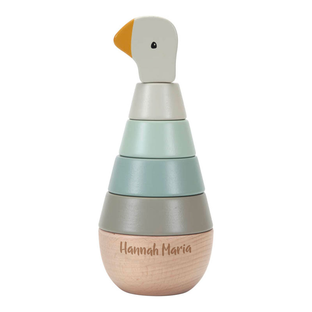 Stapelturm Little Goose aus Holz in Grün mit Gans und Stapelringen