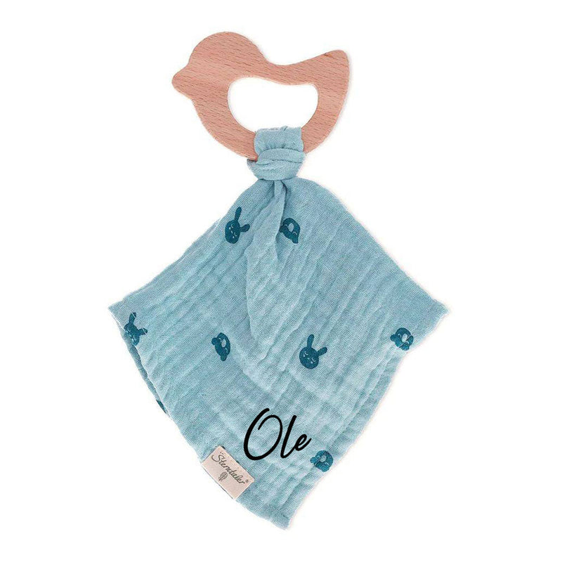 Sterntaler Schnuffeltuch Blau mit Holz-Greifling personalisierbar