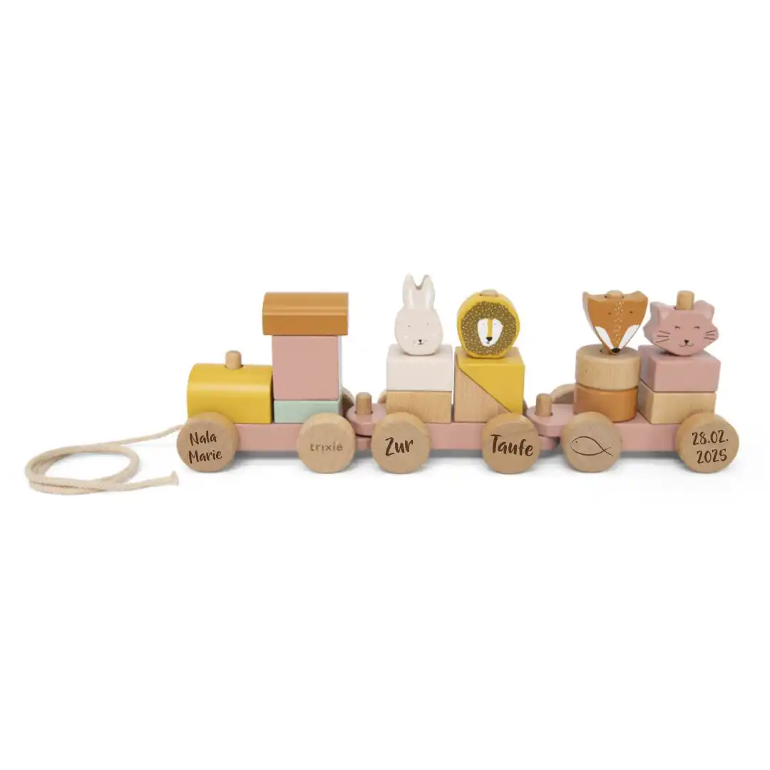 Gepersonaliseerde houten trein dieren vrouw kat – doopcadeau | Schmatzepuffer