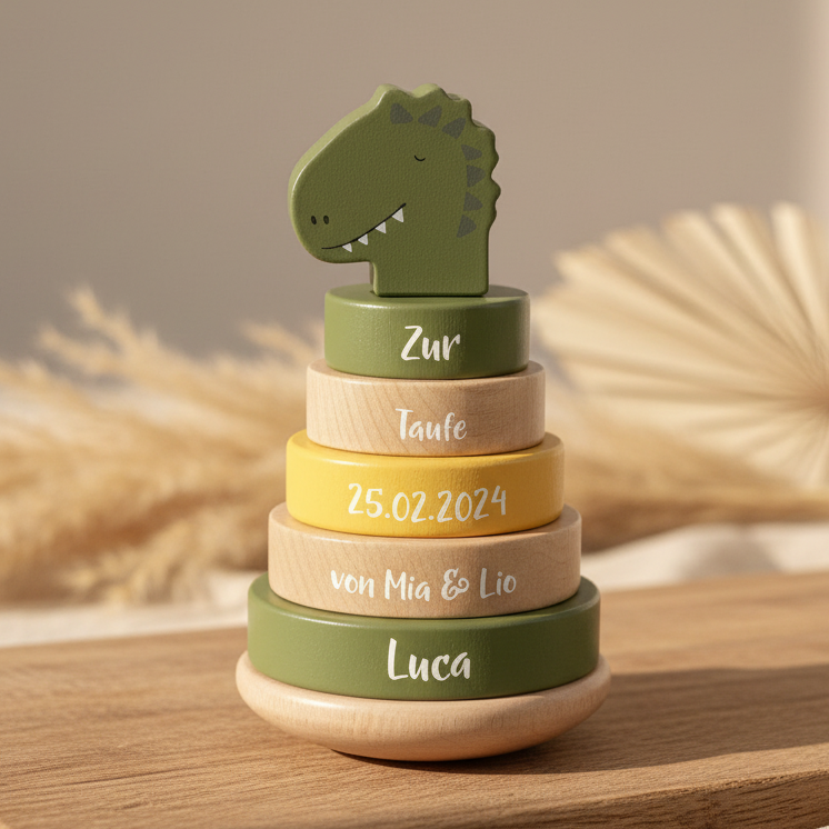 Trixie Holz-Stapelturm Herr Dino zur Taufe personalisiert mit Name und Datum – Taufgeschenk aus Holz