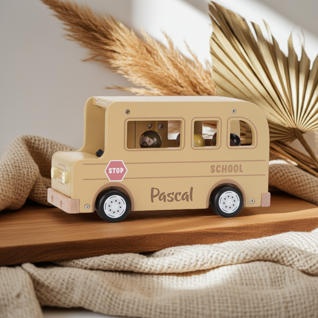 Personalisierter Holz-Schulbus mit Name im Kinderzimmer