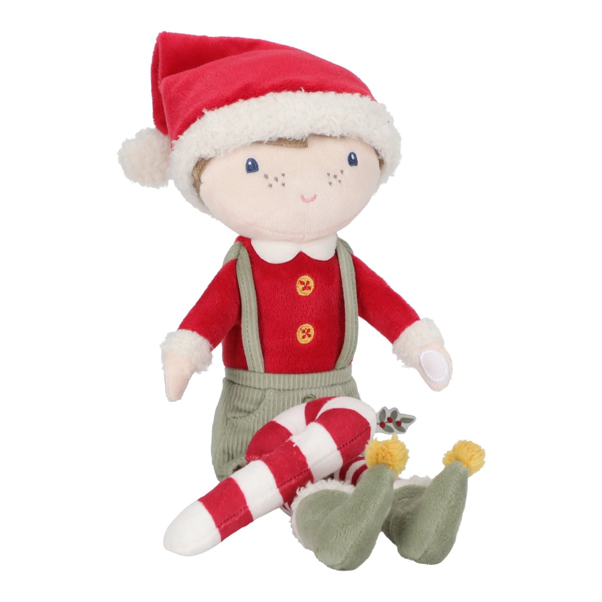 Weihnachts-Kuschelpuppe Jim mit festlichem Outfit und Zuckerstange