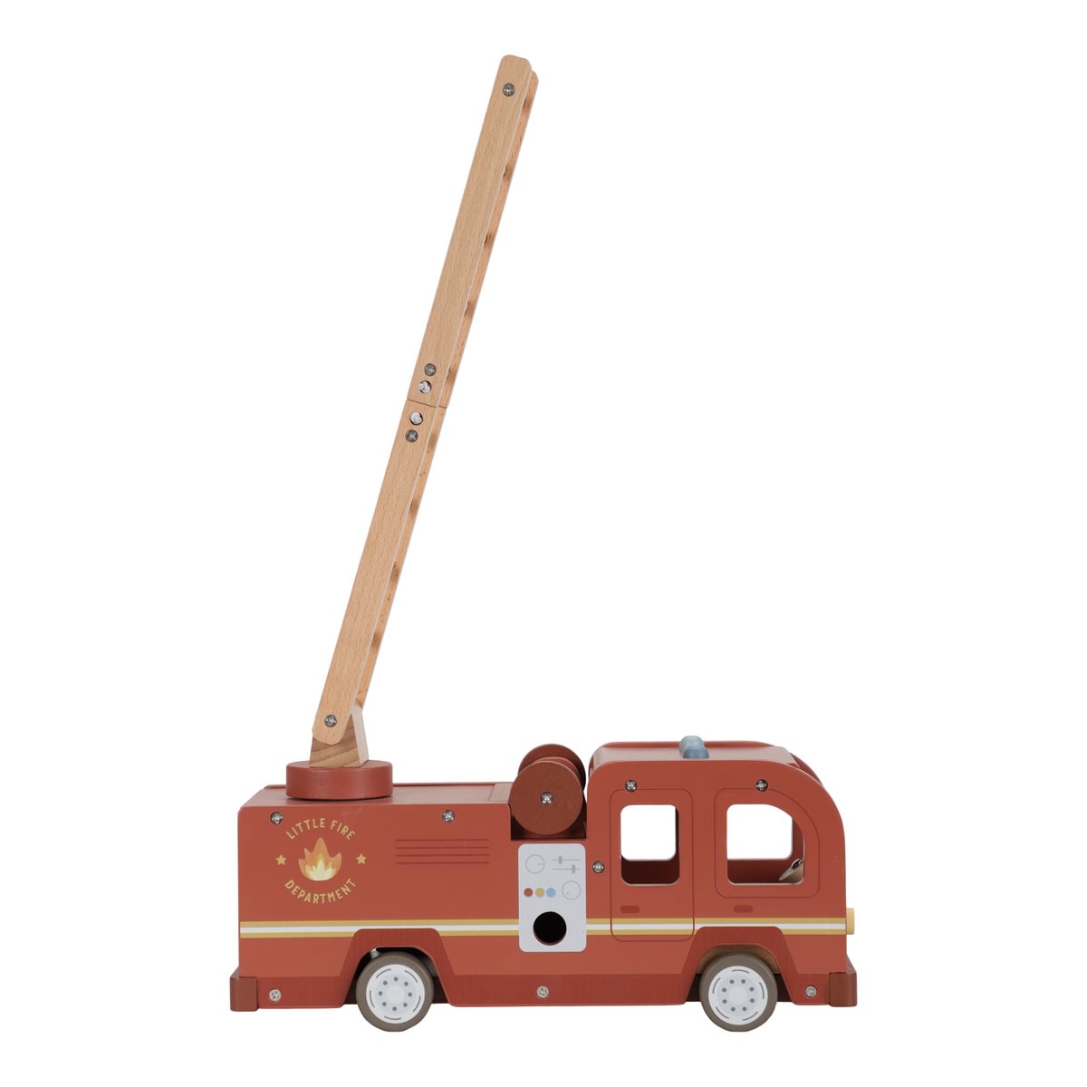 Holz-Feuerwehrauto mit Feuerwehrfiguren, Flammen und Hydrant