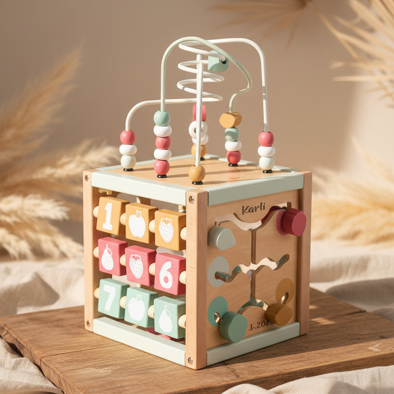 Bieco Motorikwürfel Berry aus Holz mit Motorikschleife