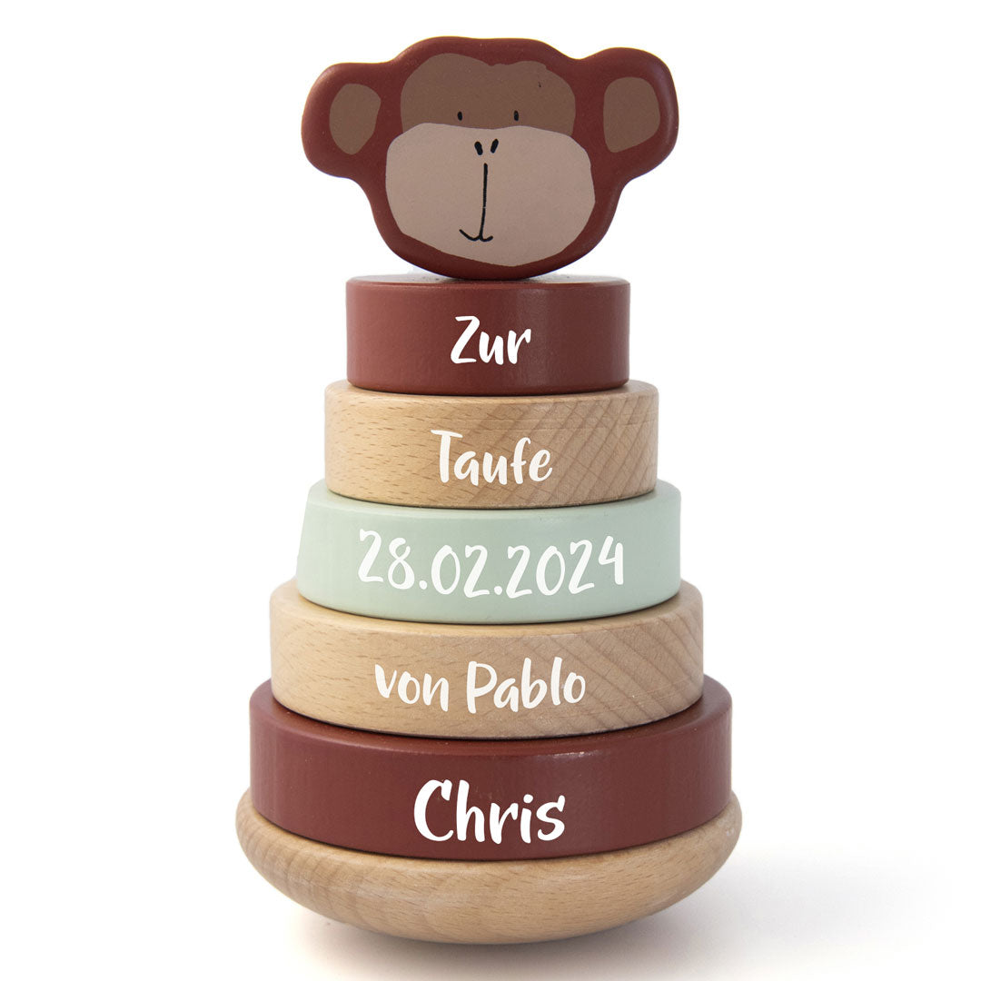 Personalisierter Stapelturm Affe zur Taufe mit Name und Taufdatum – Holzspielzeug für Kinder