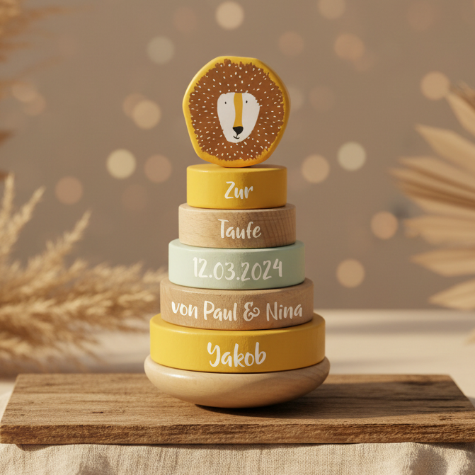 Stapelturm Löwe zur Taufe personalisiert mit Name und Taufdatum – Geschenk aus Holz