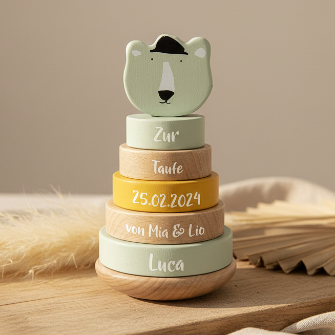 Stapelturm Eisbär zur Taufe personalisiert mit Name und Taufdatum – Geschenkidee aus Holz