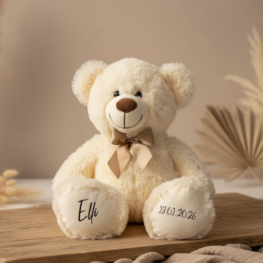 Personalisierter Teddybär in Weiß mit Name und Geburtsdatum – Kuscheltier zur Geburt