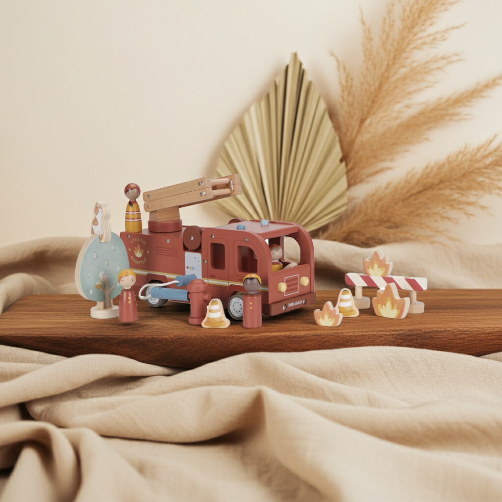 Holz-Feuerwehrauto-Set mit Fahrzeug, Figuren und Zubehör