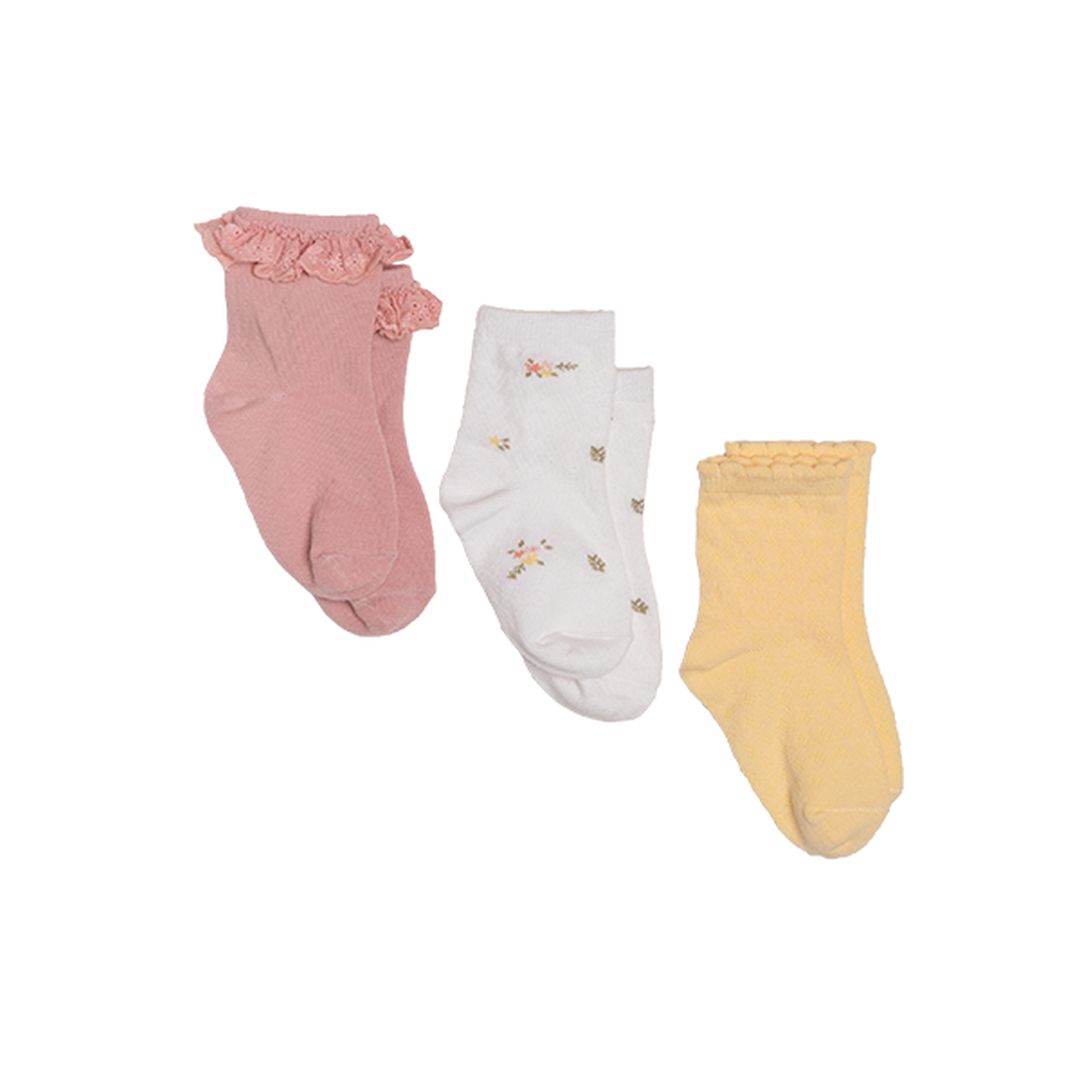 Drei Little Dutch Kindersocken in Pink, Weiß und Gelb – 3er-Set Größe 17–19