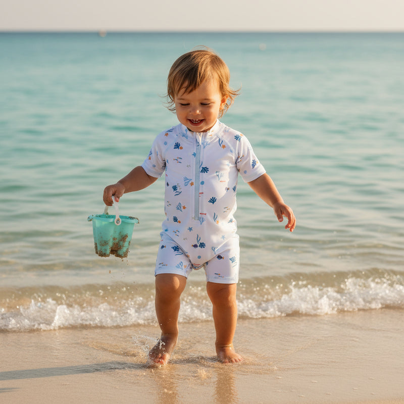 Little Dutch Badeanzug Ocean Treasures in Blau mit kurzen Ärmeln