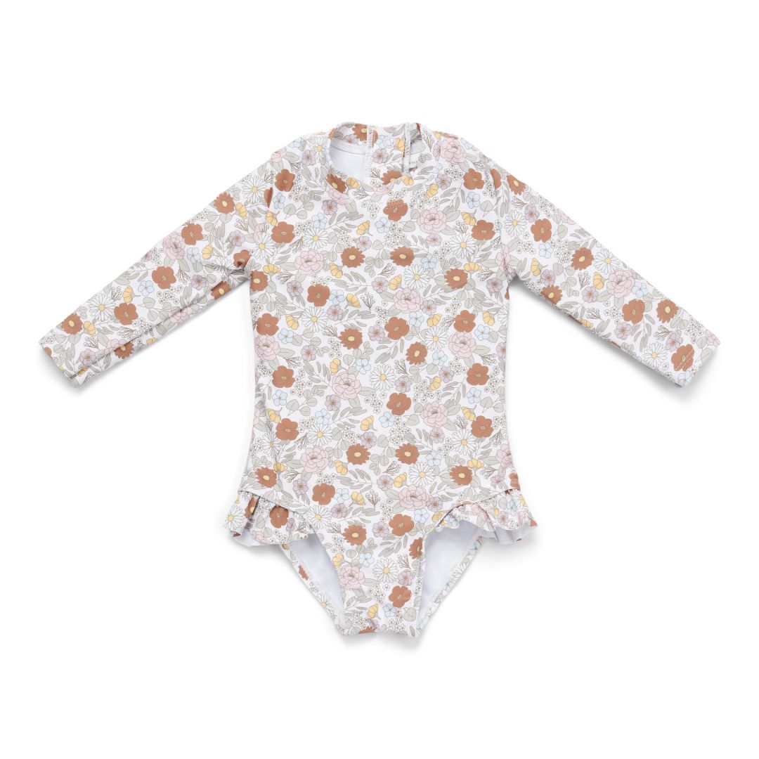 Little Dutch Langarm-Badeanzug Vintage Little Flowers – Vorderansicht mit Rüschendetails