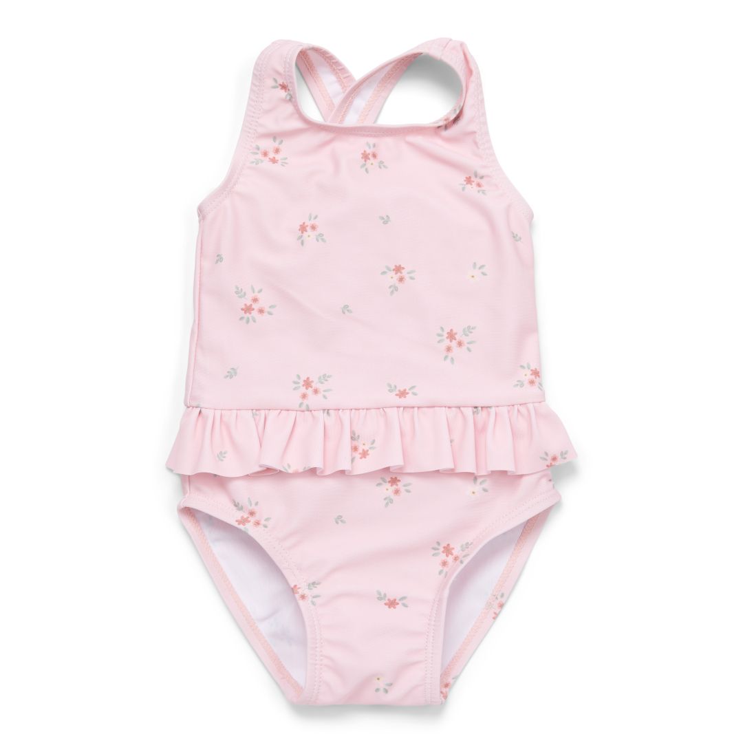 Little Dutch Badeanzug Rosy Meadows Pink – weitere Ansicht mit überkreuzten Trägern und Volantrock