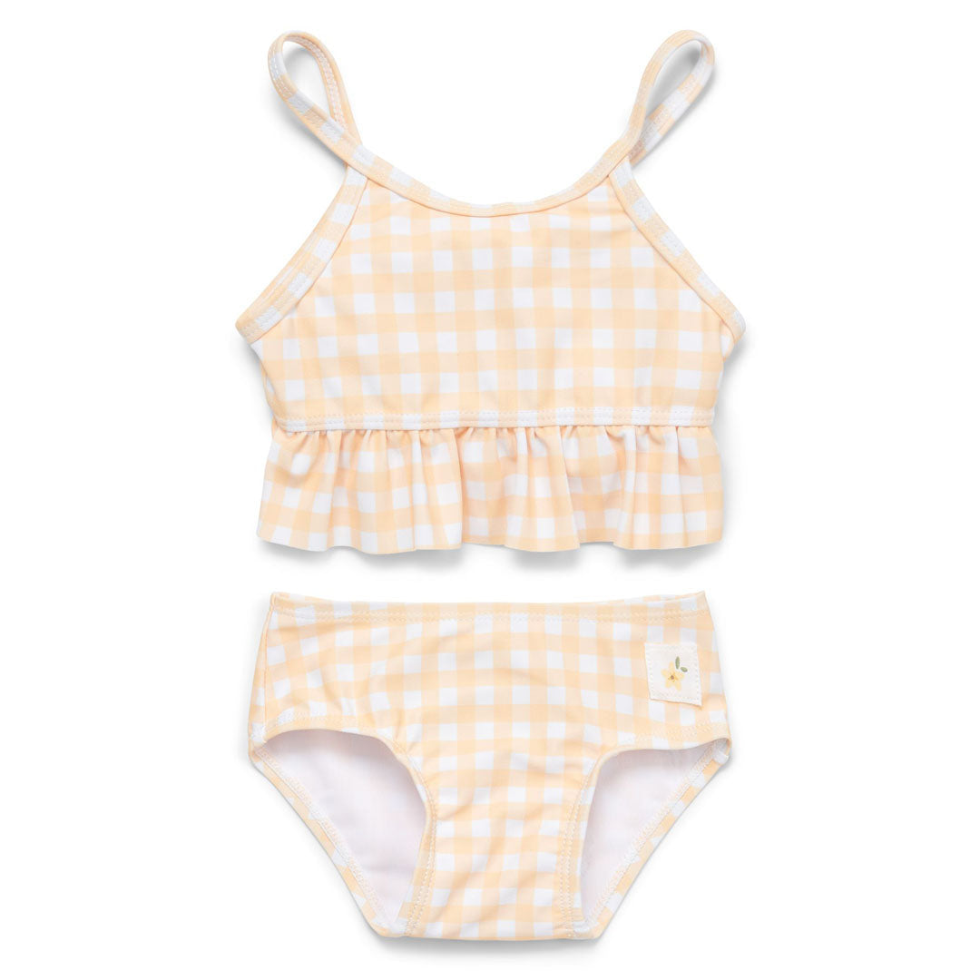 Gelb-weißer Bikini Sunshine Checks mit Volants von Little Dutch