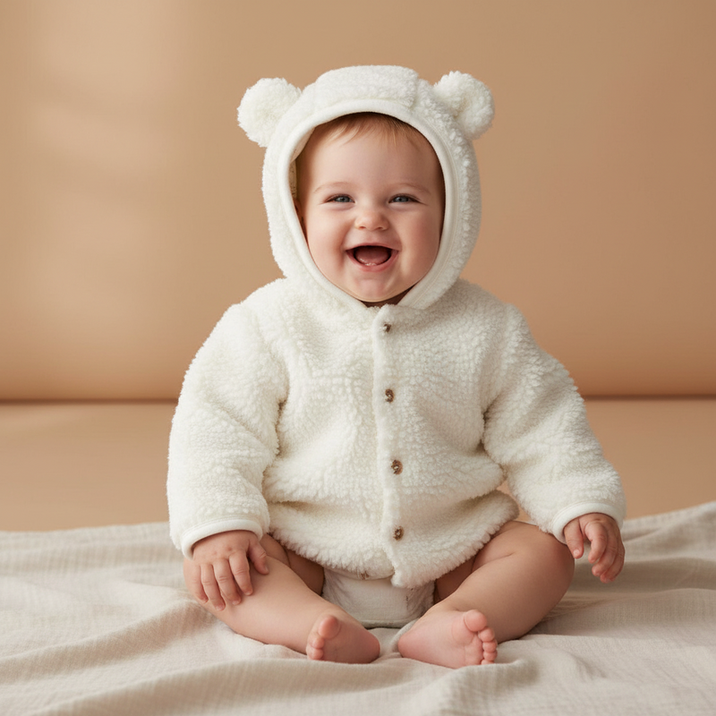 Teddy-Jacke Off-White mit Kapuze und Hasenohren – Produktansicht