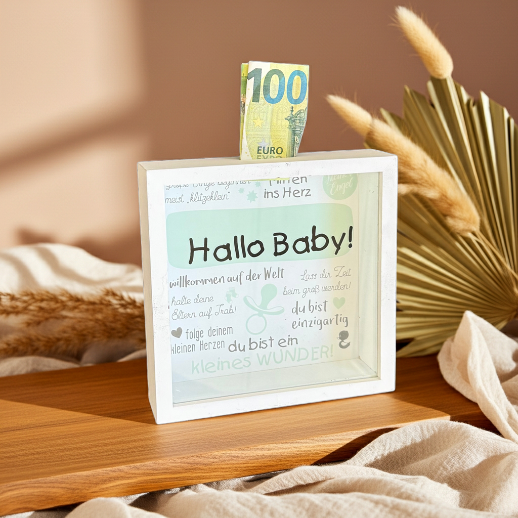 Spaarpot Hallo Baby – Geldgeschenk voor de geboorte | Schmatzepuffer