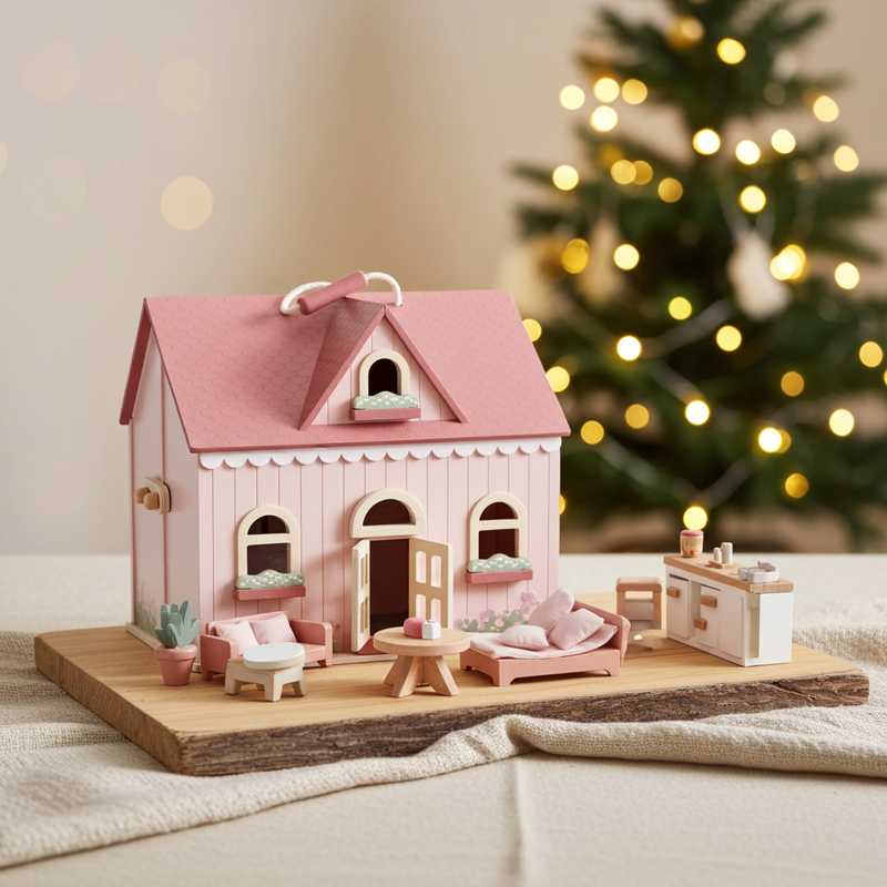 Little Dutch tragbares Puppenhaus aus Holz in Pink – Produktansicht