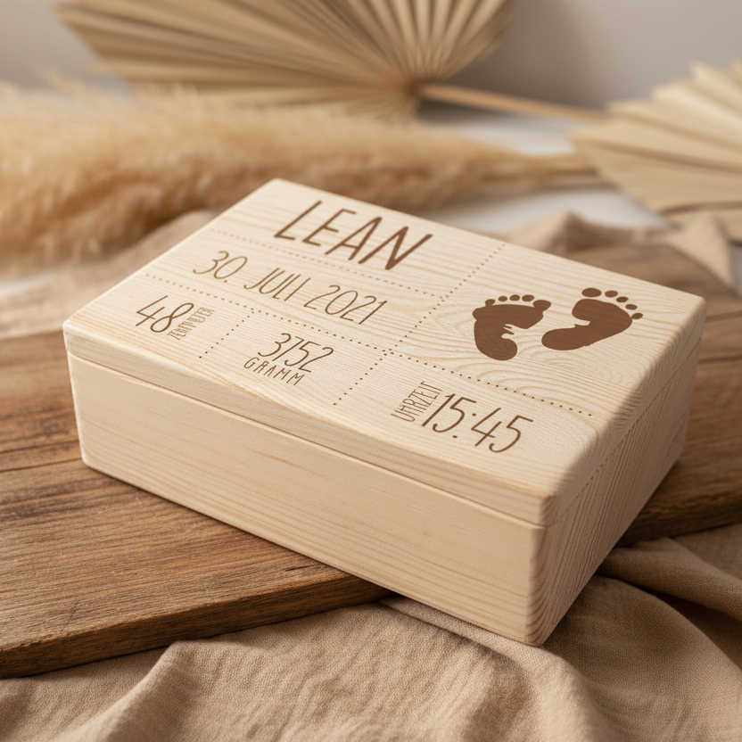Personalisierte Erinnerungsbox aus Naturholz zur Geburt mit Name und Geburtsdatum