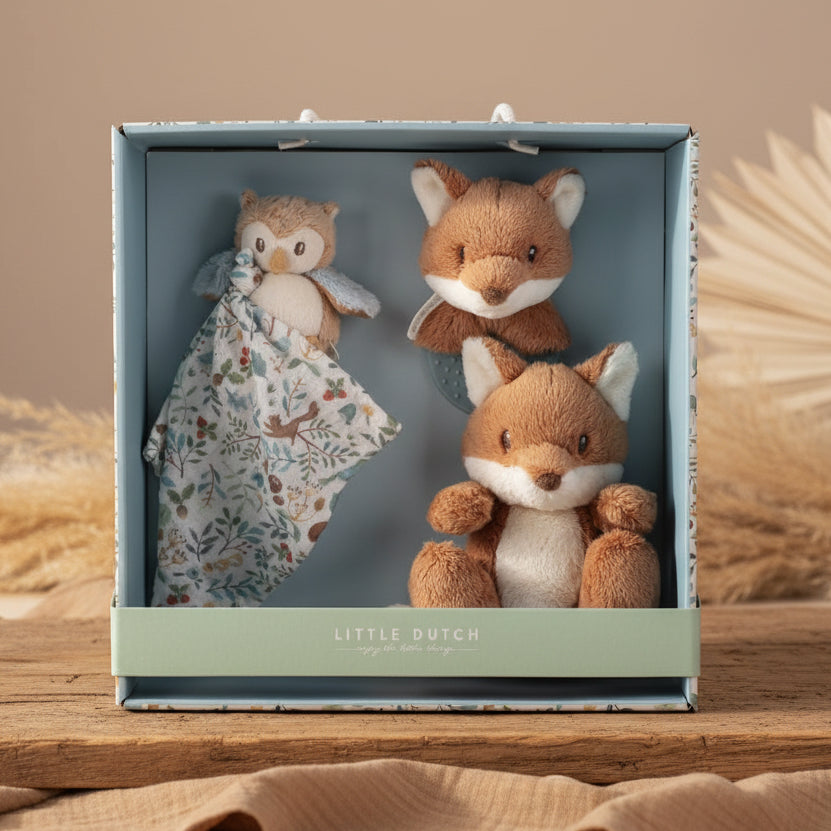 Forest Friends Geschenkset für Babys mit Fuchs, Eulen-Schmusetuch und Beißring