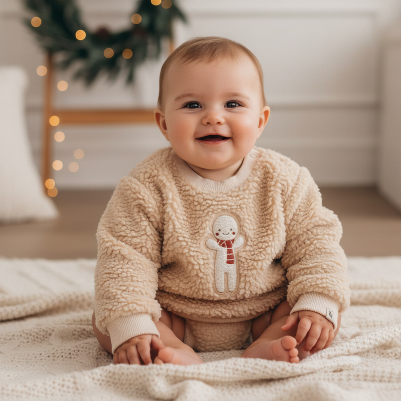 Teddy-Weihnachtspullover Lebkuchen von Little Dutch – sandfarbene Produktansicht