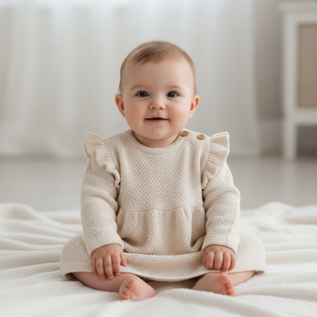 Produktansicht 1: Gestricktes Langarm Kleid Sand mit Rüschen