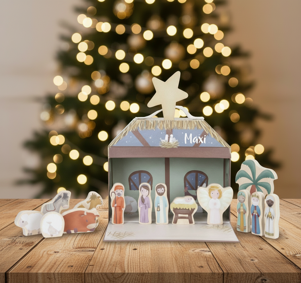Personalisierte Weihnachtskrippe aus Holz mit Name als Krippenspiel für Kinder
