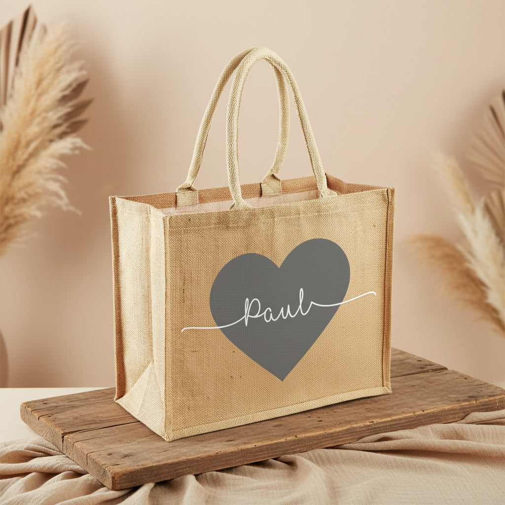 Bolsa de yute personalizada con corazón y nombre | Schmatzepuffer®