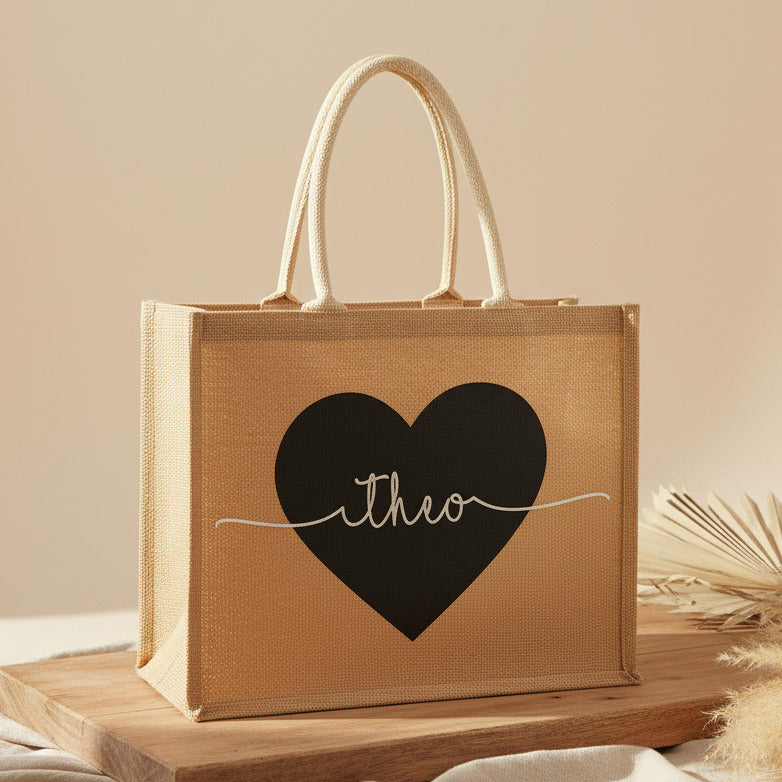 Bolsa de yute personalizada con corazón y nombre | Schmatzepuffer®