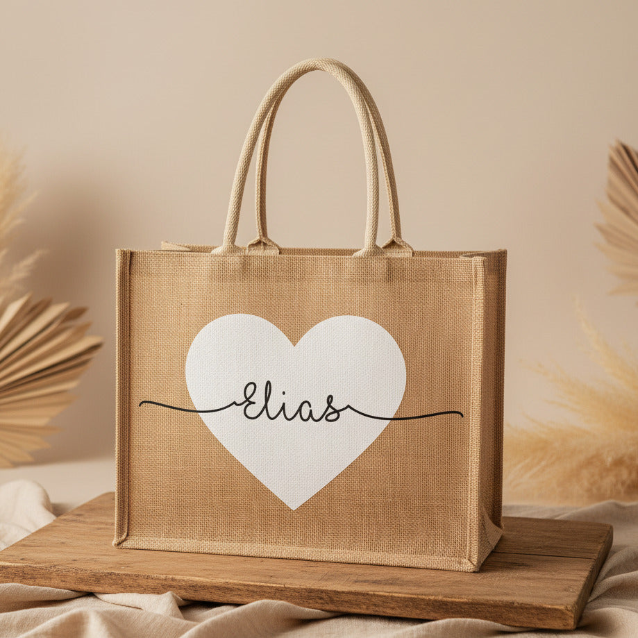 Bolsa de yute personalizada con corazón y nombre | Schmatzepuffer®