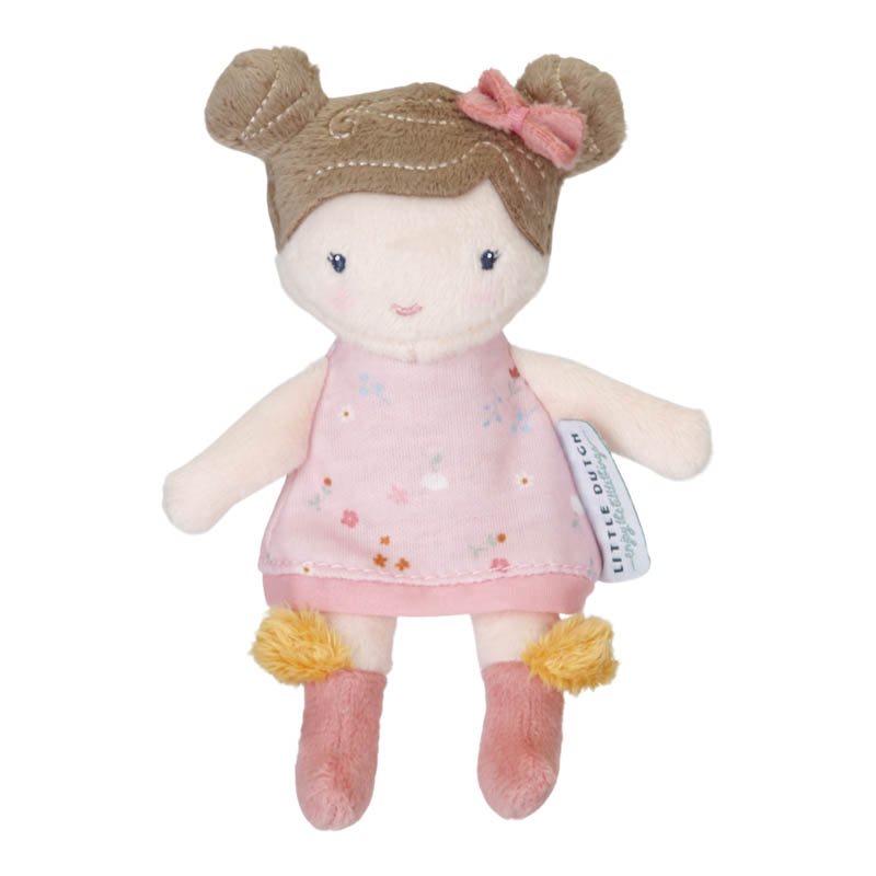Little Dutch Rosa Kuschelpuppe 10 cm – Detailansicht der weichen Stoffpuppe mit Blümchen-Kleid und Haarschleife