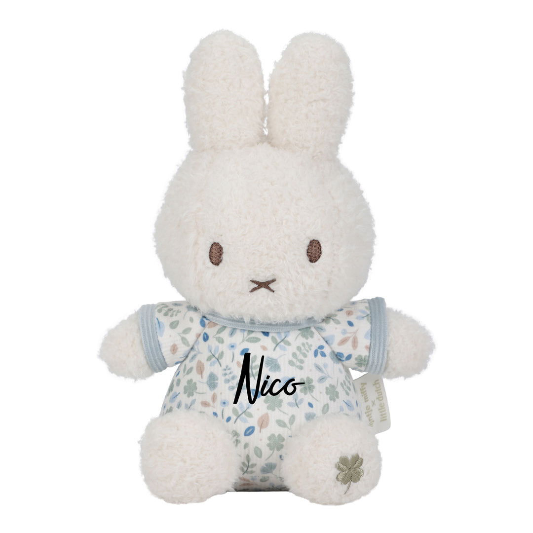 Personalisiertes Miffy Kuscheltier Hase Lucky Leaves 20 cm mit Name per Plott – blauer Kuschelhase als individuelles Babygeschenk