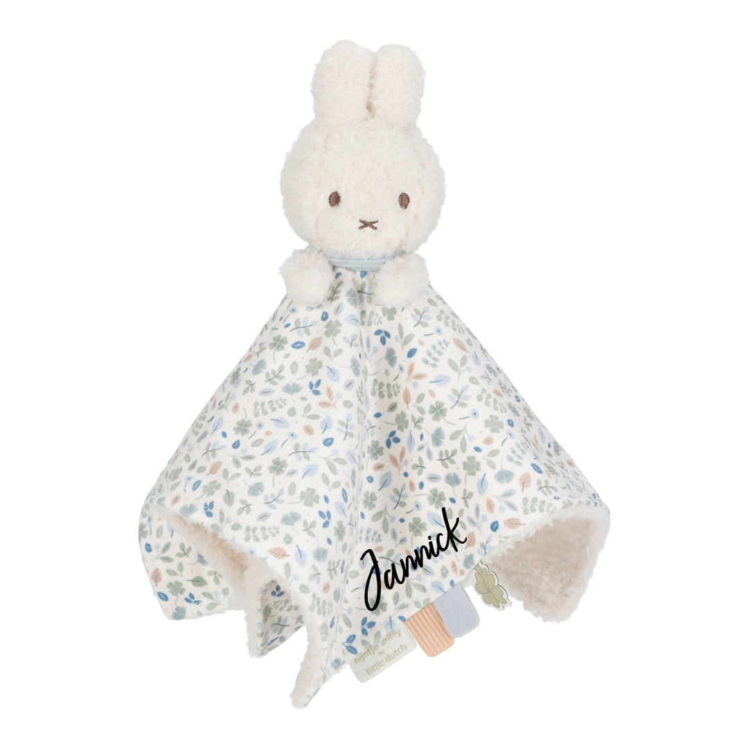 Personalisiertes Miffy Schnuffeltuch Lucky Leaves mit Name per Plott – blaues weiches Baby-Kuscheltuch als persönliches Geschenk zur Geburt