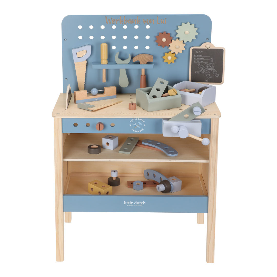 Personalisierte Holz-Werkbank in Blau mit Gravur – Little Dutch