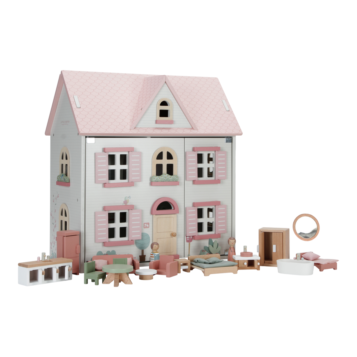 Little Dutch Holz-Puppenhaus in Weiß und Rosa – Detailansicht des Spielhauses mit aufklappbaren Bereichen und eingerichteten Zimmern