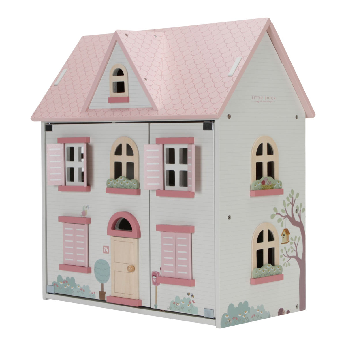 Little Dutch Puppenhaus aus Holz in Weiß und Rosa – weitere Detailansicht des Spielhauses mit mehreren Zimmern und liebevollen Möbeln