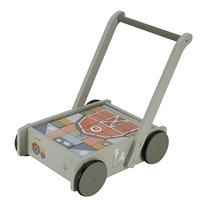 Little Dutch Lauflernwagen mit Bauklötzen Little Farm – Holz-Blockwagen mit bunten Bauernhof-Bausteinen für Kinder ab 12 Monaten