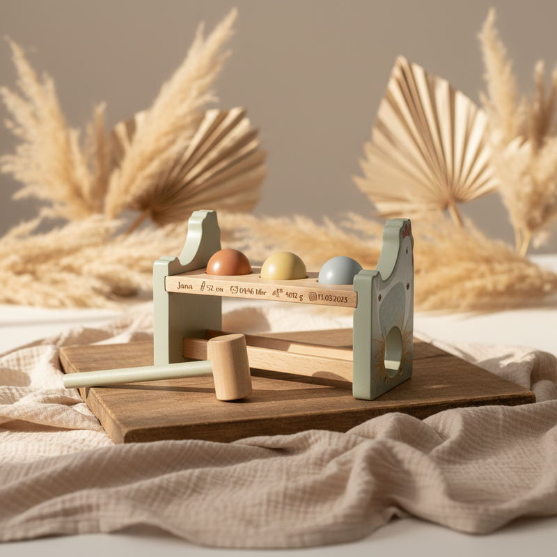 Little Dutch Hammerbank Little Farm zur Geburt mit Lasergravur – Holzbank mit drei Kugeln und Hammer