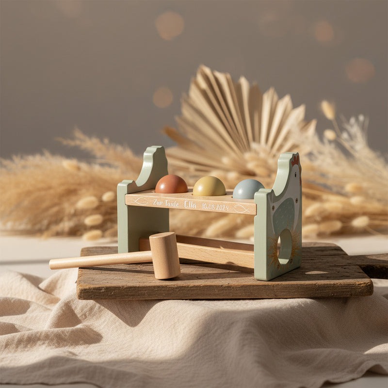 Little Dutch Hammerbank Little Farm zur Taufe mit Druck – personalisierte Holz-Hammerbank mit Kugeln