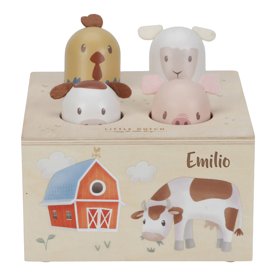 Personalisiertes Little Dutch Pop-up Spiel Little Farm mit Lasergravur – Holzspielzeug mit Kuh, Schaf, Schwein und Huhn für Kinder ab 12 Monaten