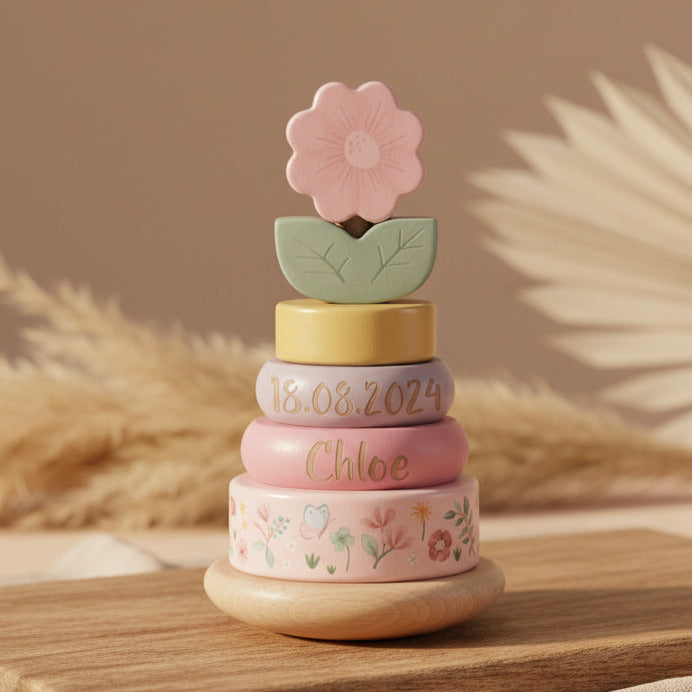 Gepersonaliseerde houten stapeltoren voor de geboorte – Fairy Garden