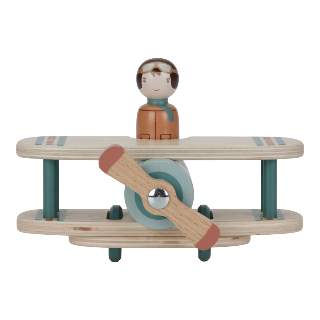 Little Dutch Spielzeugflugzeug aus Holz – Detailansicht des Rollenspielzeugs mit Pilotfigur und drehbarem Propeller
