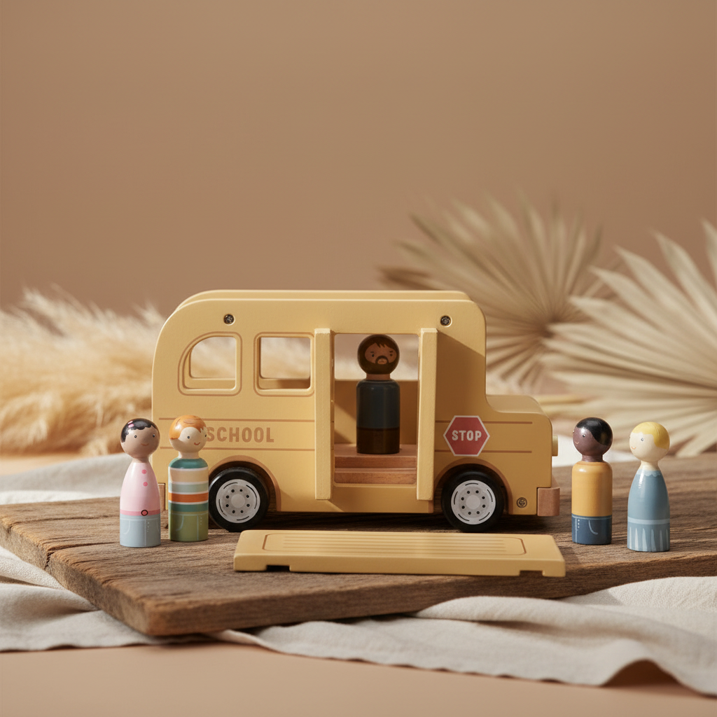 Holz-Schulbus für Kinder mit Rädern und öffnender Tür