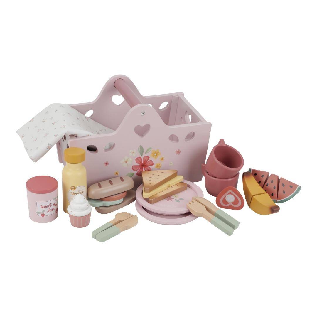 Little Dutch Picknick Spielzeug-Set – weitere Produktansicht des 31-teiligen Holzsets mit rosa Korb, Geschirr, Lebensmitteln und Decke